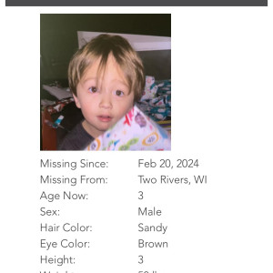 Missing: Elijah Vue-03 year old Male from 3900 Mishicot Road, Two Rivers, Wisconsin, USA-2